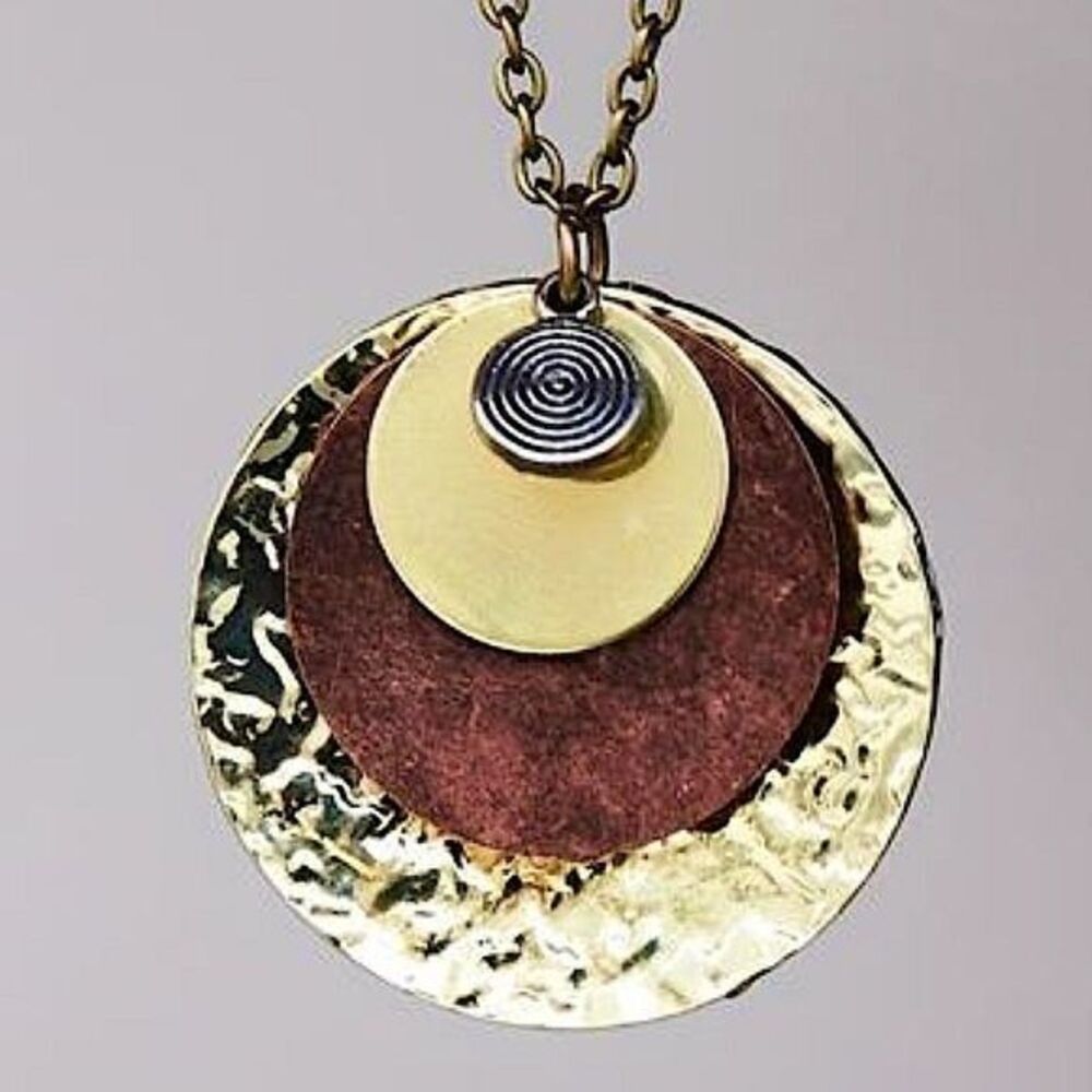 Artisan Geometric Multi-Tone Disc Necklace Rustic Boho Chic Statement Jewelry